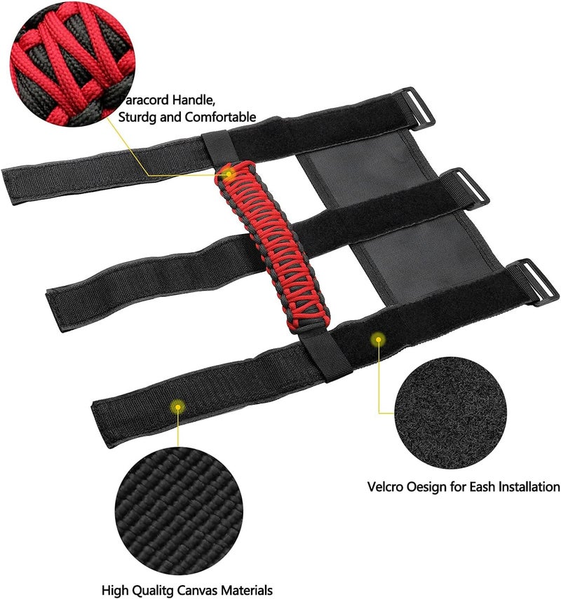 Kujunpao 4 X Roll Bar Grab Handles Grip Handle Compatible with Jeep Wrangler JLU JK JKU TJ YJ LJ JT JL & Gladiator JT 1987-2021 UTV & ATV, Fits 1.5 to 3 Inch Bars 3 Straps Woven Holder(Red) - Image 4